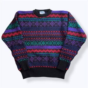 Men's Multicolor Patterned Crewneck Sweater Vintage 1980s Abstract Geometric M